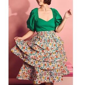 Buru Teagan Floral Print Tiered Ruffle Midi Pocketed A-Line Skirt NWT Party